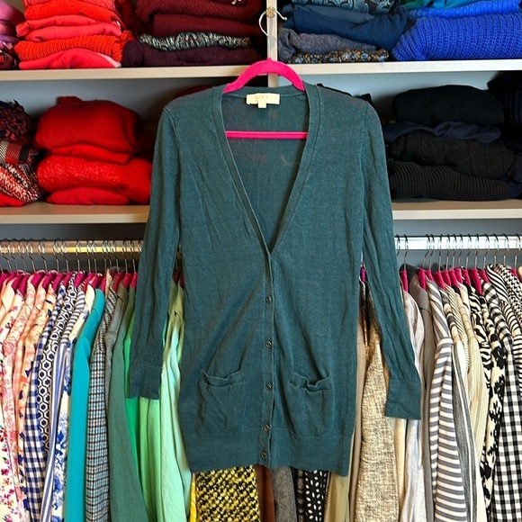 Loft green long sleeve v neck button front long cardigan size XS - Picture 1 of 3